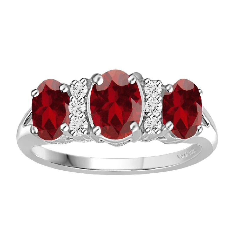 V3 Jewelry 925 Sterling Silver with Sterling Silver with Natural Garnet and White Topaz Three Stone Ring for Women