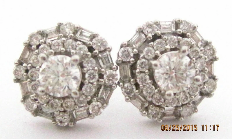 1.48TCW Round Brilliant and Baguettes Diamond Cluster Earrings 18k White Gold