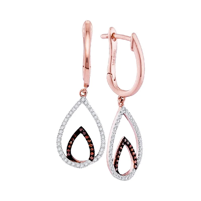 10k Rose Gold 1/4 Carat Round Red Color Enhanced Diamond Teardrop Dangle Hoop Earrings for Women