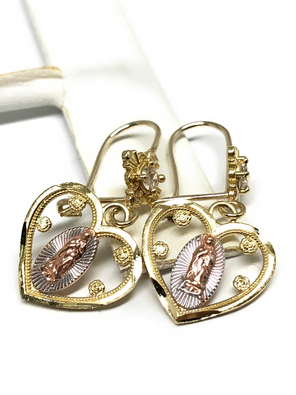 10k Solid Gold Yellow Tri-Color Virrgin Mary Heart Dangle Earrings