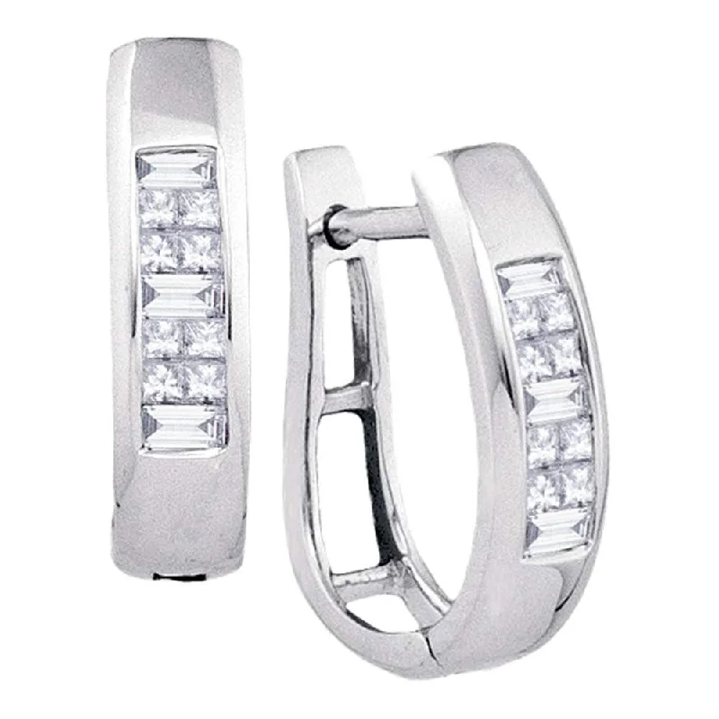 10k White Gold 1/3 Carat Baguette Princess Channel-Set Diamond Hoop Earrings for Women