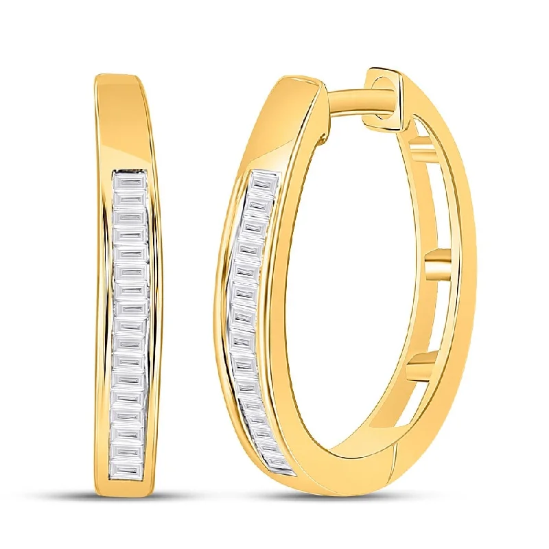 10k Yellow Gold 1/5 Carat Baguette Diamond Hoop Earrings for Women