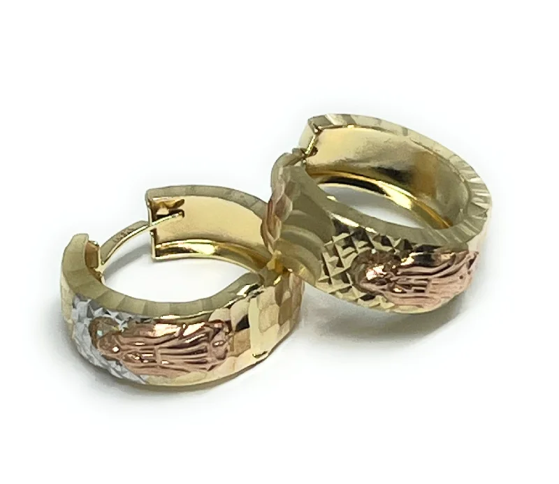 14k Solid Gold Rose & Gold Virrgin Mary Huggie Earrings