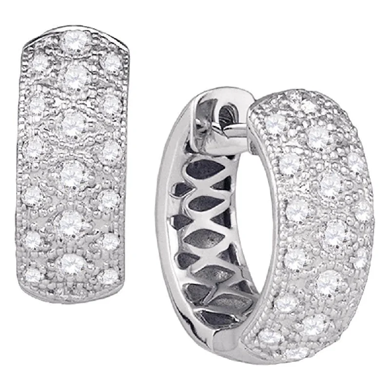 14k White Gold 7/8 Carat Round Diamond Hoop Huggie Earrings for Women