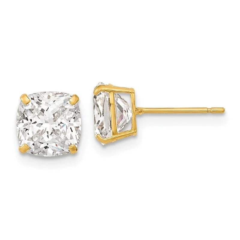 14k Yellow Gold 7x7 Cushion Cut CZ Studs Stud Earrings (L-7 mm, W-7 mm)