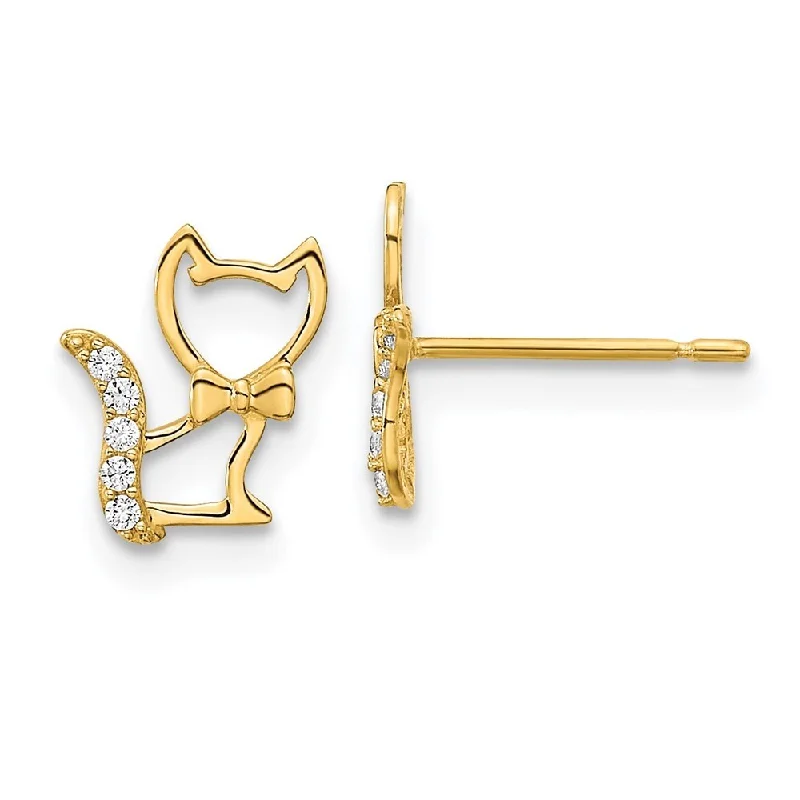 14k Yellow Gold Kitten Cubic Zirconia Tail Stud Earrings (L-9.14 mm, W-7.07 mm)