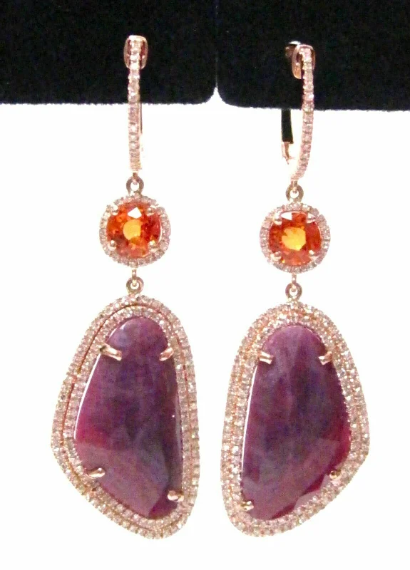 16.20 TCW Ruby & Sapphire w/ Diamond Accents Dangle/Drop Earrings 14k Rose Gold