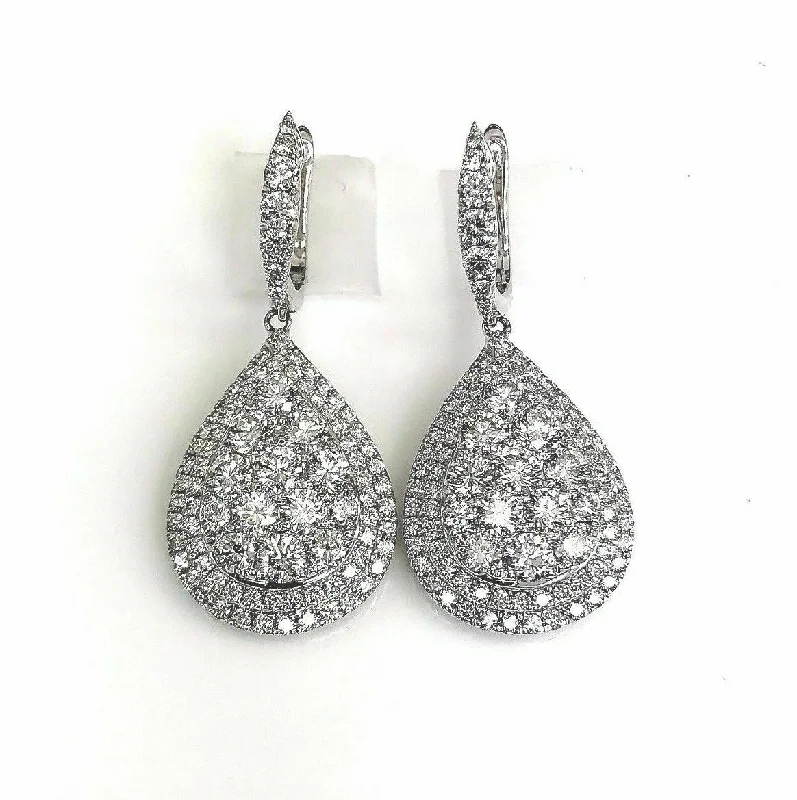 3.45 Carats t.w. Pear Diamond Halo Dangle Earrings 18 Karat White Gold New