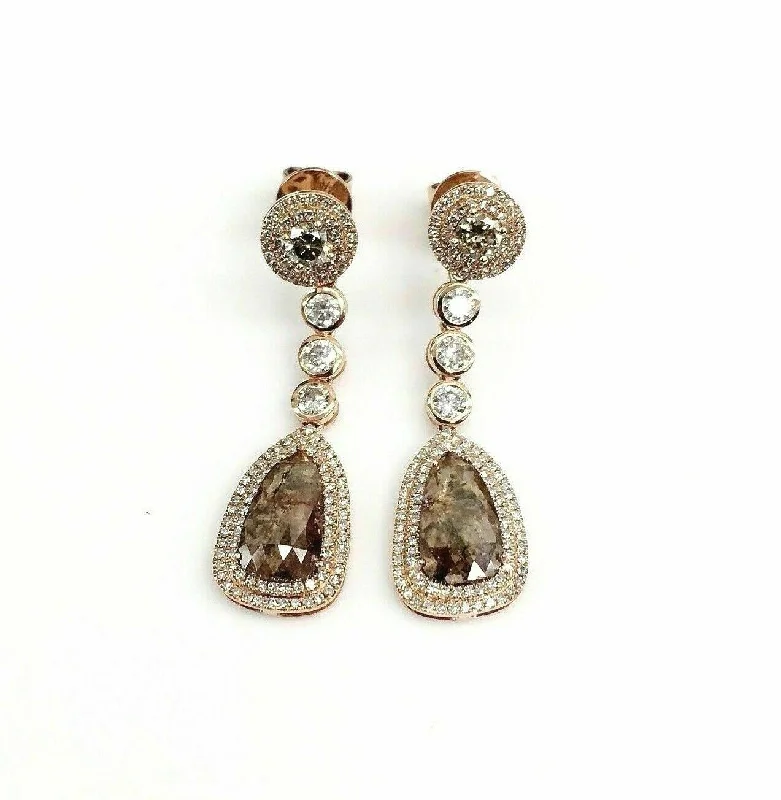 3.67 Carats Double Drop Pears Champagne Diamond Dangling Earrings 14kt Rose Gold