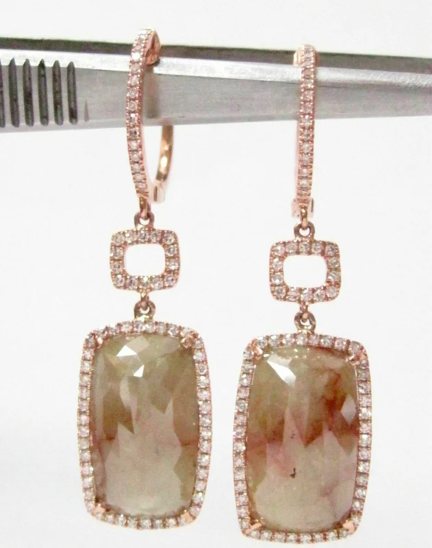 9.98ct Radiant Shape Raw/Rustic Brown Diamond Dangle/Drop Earrings 14k Rose Gold