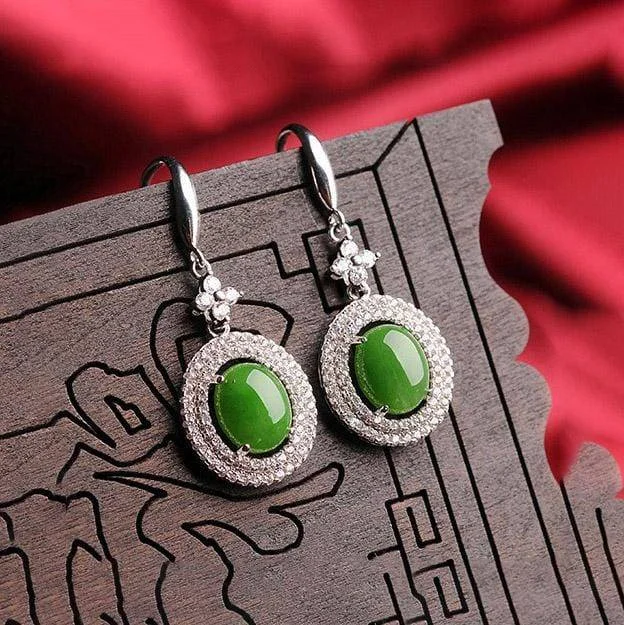 Baikalla™ "Classic Double Halo" Sterling Silver Genuine Green Nephrite Jade Dangle Earrings