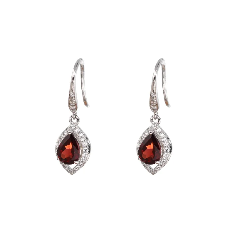 Baikalla™ Classic Sterling Silver Natural Garnet Dangle Earrings With CZ