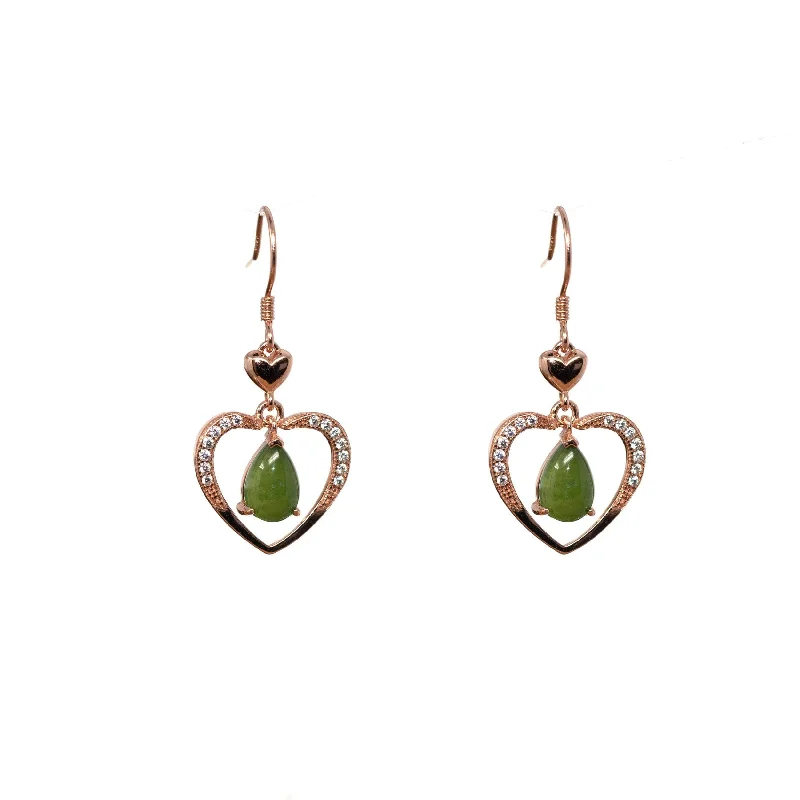 Baikalla "Love Earrings" Sterling Silver Genuine Nephrite Green Jade Dangle Earrings With CZ