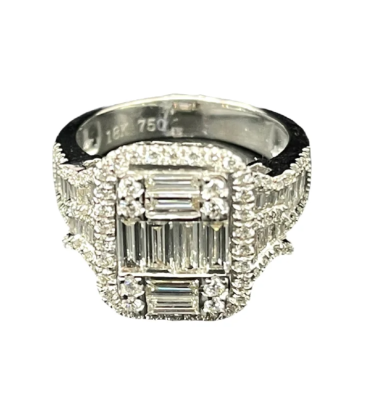 Cluster Baguettes Diamond Ring with Round Diamond Accents White Gold