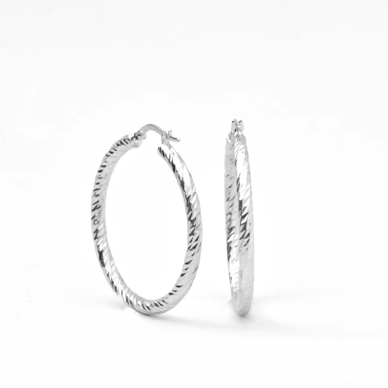 White Gold Hoop Earrings -14-Karat White Gold, Lightweight diamond Cut Hoops: Bright Hoops