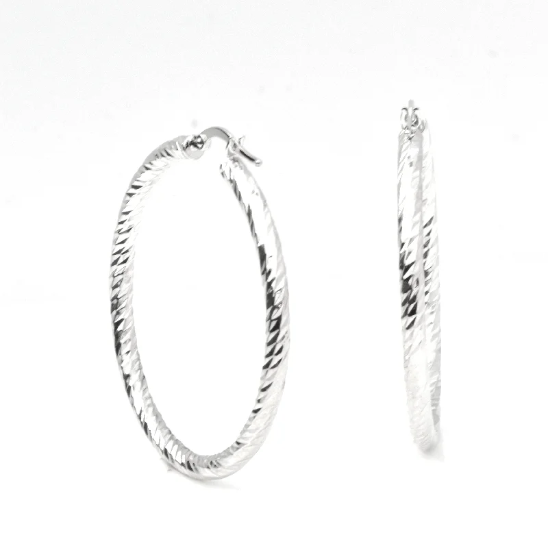 White Gold Hoop Earrings -14-Karat White Gold, Lightweight diamond Cut Hoops: Bright Hoops