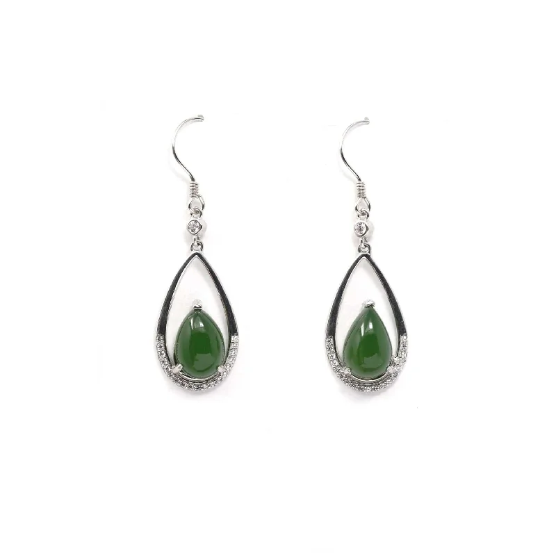 Sterling Silver Genuine Nephrite Green Jade Teardrop Dangle Earrings