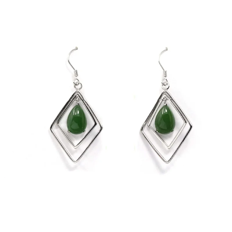 Sterling Silver Genuine Nephrite Green Jade Oval Dangle Earrings