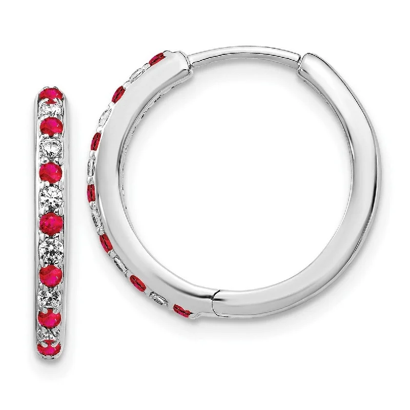 Curata 14k White Gold Diamond and Ruby Hinged Hoop Earrings Measures 18x19mm Wide 2mm Thick