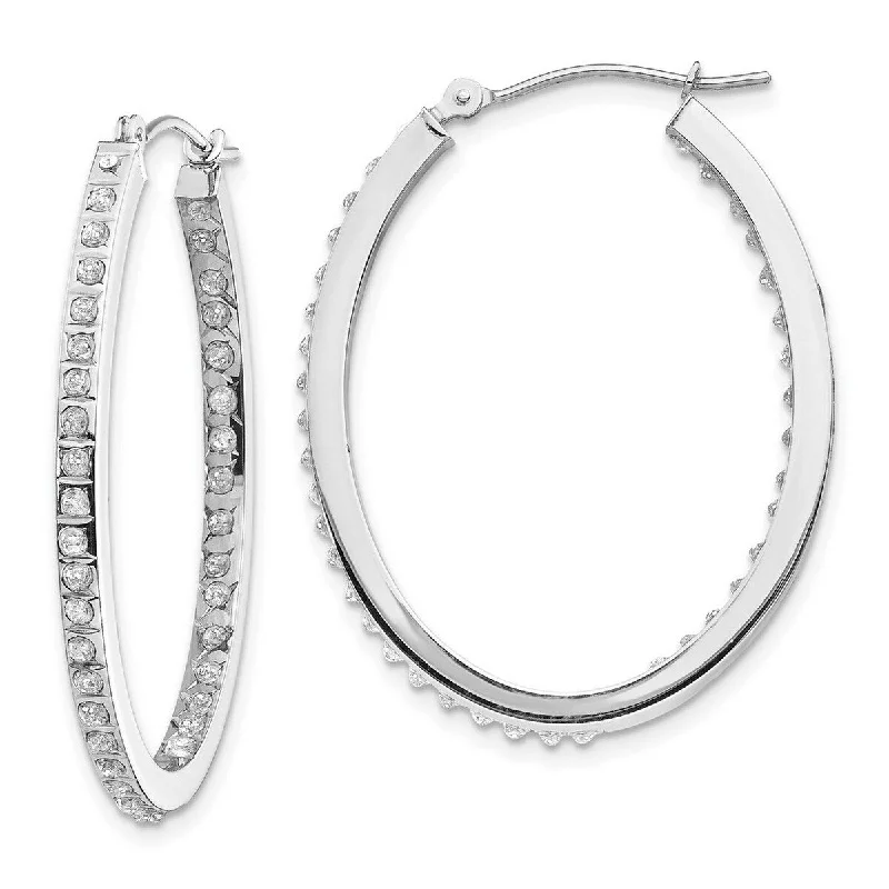 Curata 14k White Gold Polished Diamond Fascination Oval Hinged Hoop Earrings Measures 36x2mm