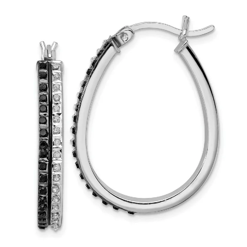 Curata 925 Sterling Silver Polished and Platinum Plated B And W Diamond Mystique Oval Hinged Hoop Earrings Zzzzs R Mea