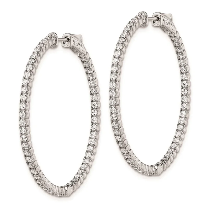 Curata 925 Sterling Silver Polished Safety clasp Rhodium Plated With CZ Cubic Zirconia Simulated Diamond Hinged Hoop Earrings