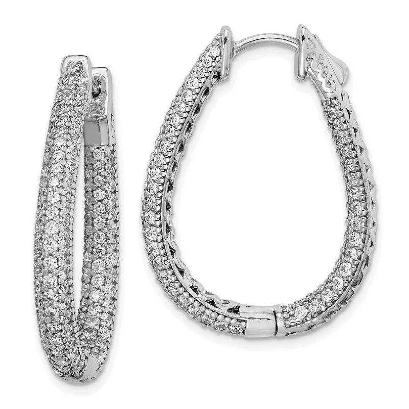 Curata 925 Sterling Silver Polished Safety clasp Rhodium Plated With CZ Cubic Zirconia Simulated Diamond Teardrop Hinged Hoop