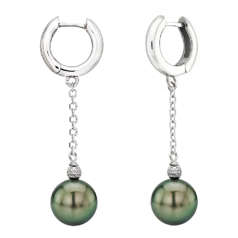 DaVonna 14k Gold 9-10mm Round Black Tahitian Pearl Hoop Dangle Earrings