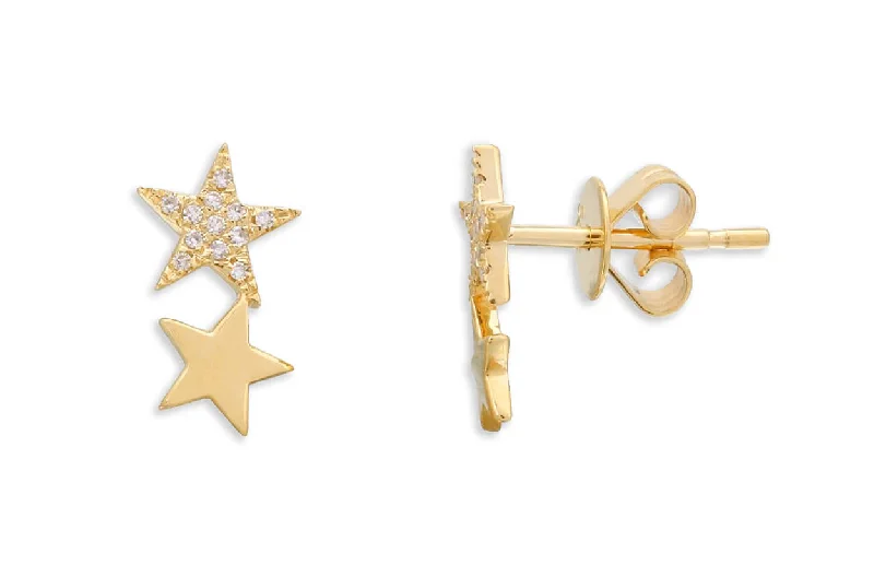 Earrings 14kt Gold Double Stars & Diamonds Stud