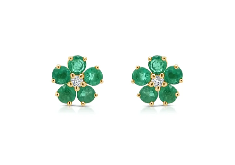 Earrings 14kt Gold Flowers Emeralds & Diamonds Studs