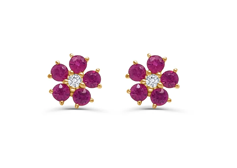 Earrings 14kt Gold Flowers Rubies & Diamonds Studs