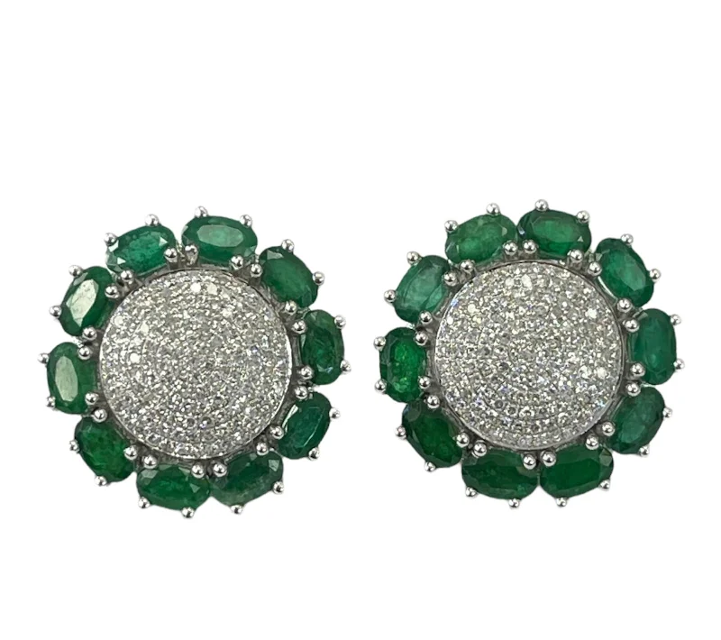 Emerald Gem Diamond Flower Earrings White Gold 14kt