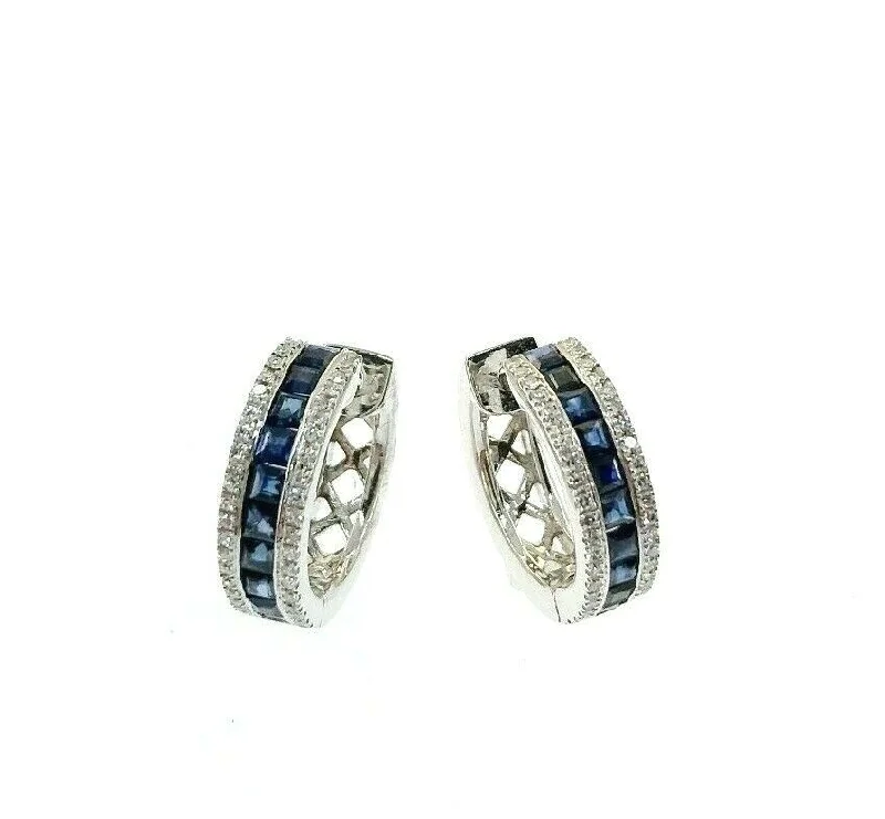 Fine 1.34 Carats t.w. Pave Set Diamond & Channel Sapphire Huggie Earrings 14k