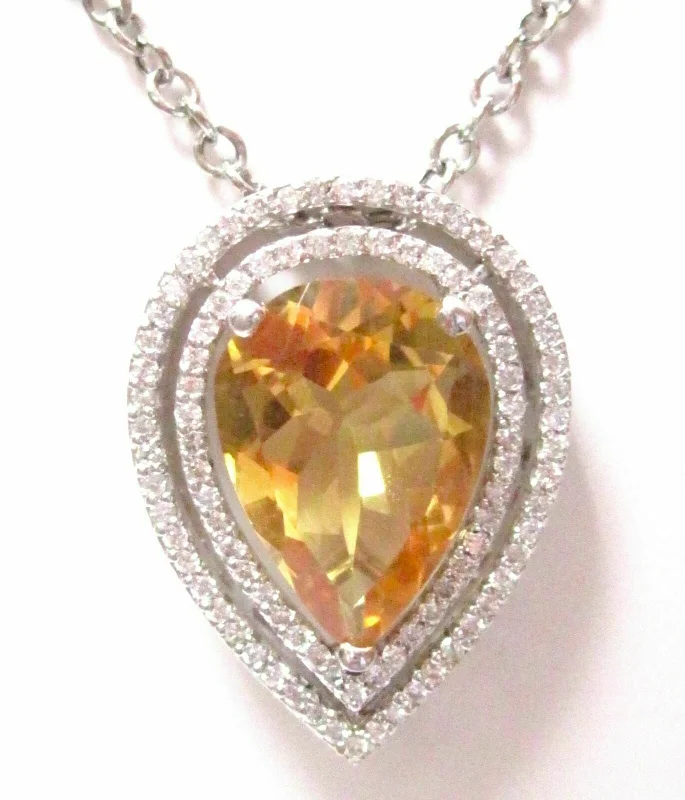 Fine 7.58Ct Natural Pear Citrine Gem & Diamond Pendant Necklace 14k White Gold