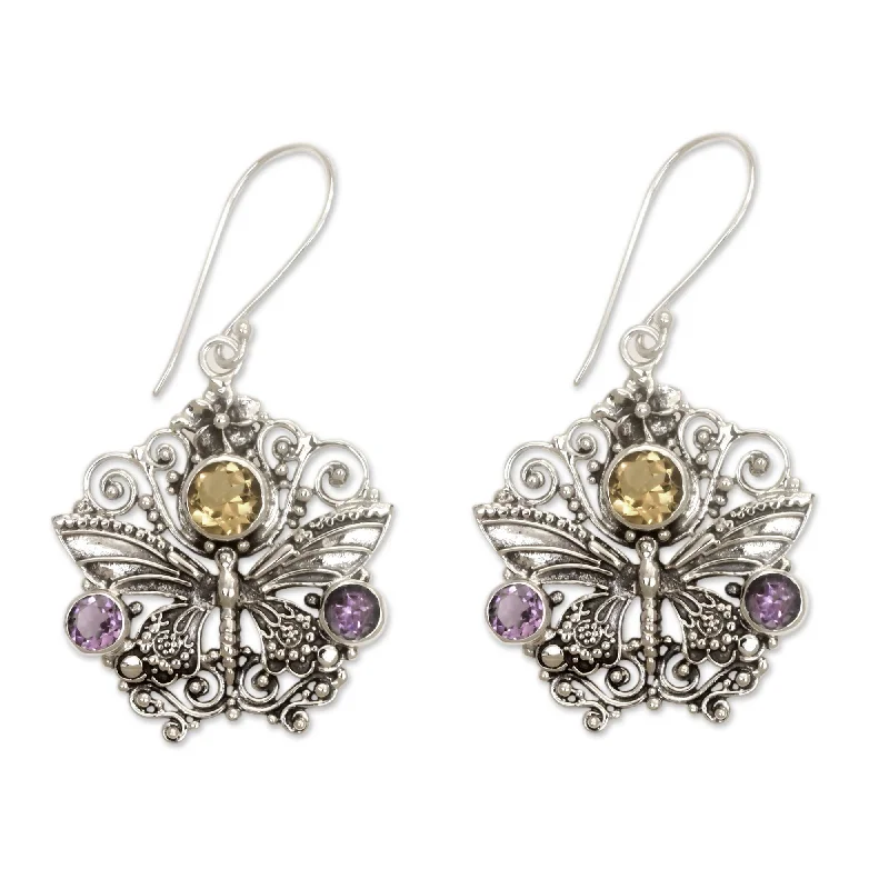 Handmade Butterfly Queen Amethyst Citrine Gemstone Sterling Silver Earrings (Indonesia)