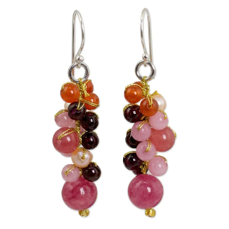 Handmade Cultured Pearl and Carnelian Cluster Earrings, 'Rosy Vineyard' (Thailand) - 1.9*0.4