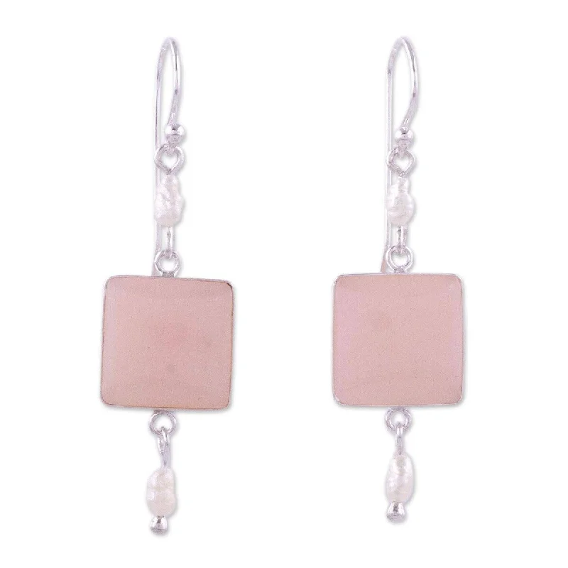 Handmade Frosted Cultured pearl and rose quartz dangle earrings (Peru) - 9' x 12'