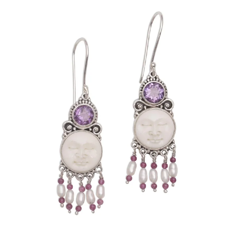 Handmade Sterling Silver Dreams Pearl Bone Amethyst Earrings (Indonesia)