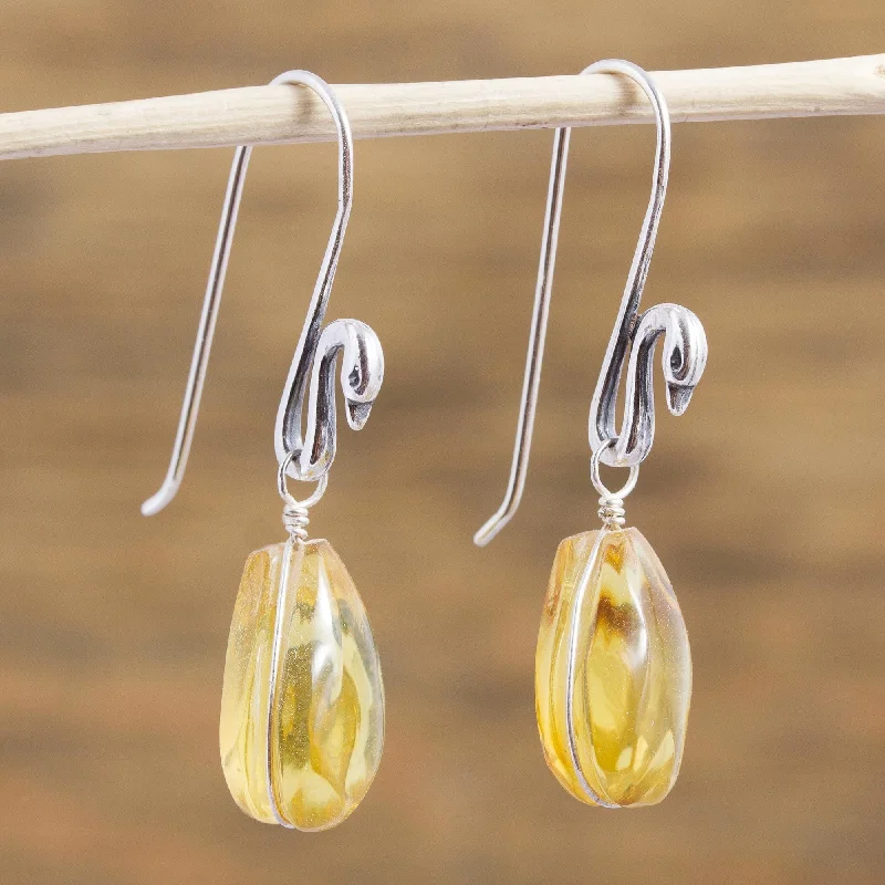 Handmade Sterling Silver 'Golden Swan Pond' Amber Earrings (Mexico)