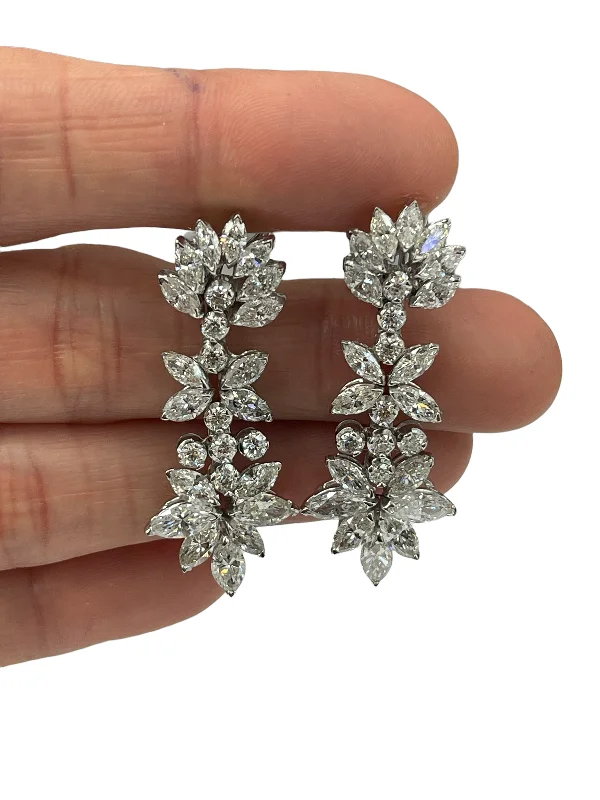 Marquise and Round Brilliants Drop Flower Diamond Dangling Earrings 18kt