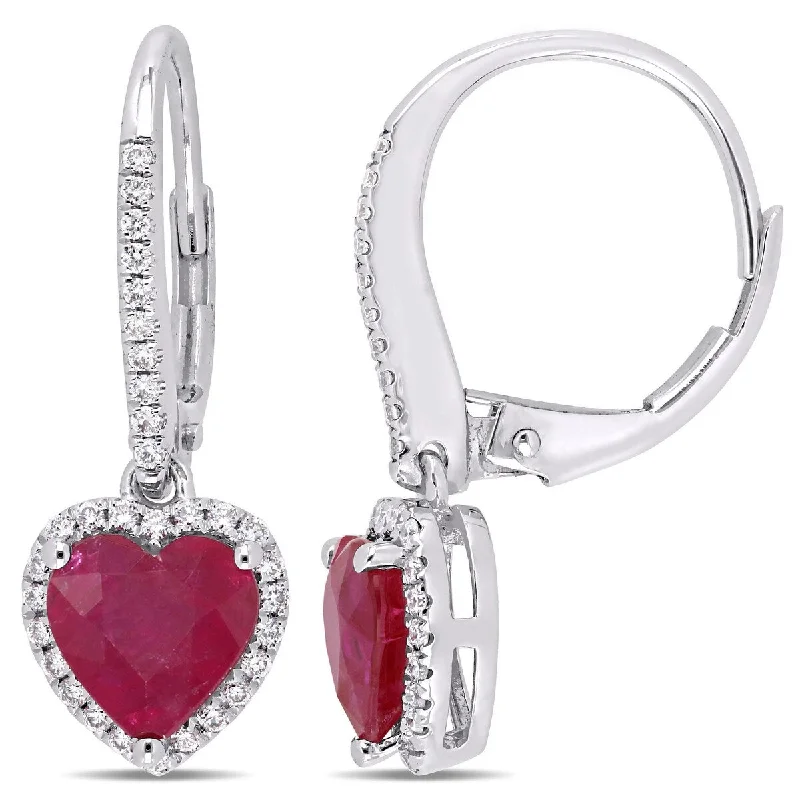 Miadora 2 1/10ct TGW Ruby 1/4ct TW Diamond Heart Leverback Earrings in 14k White Gold