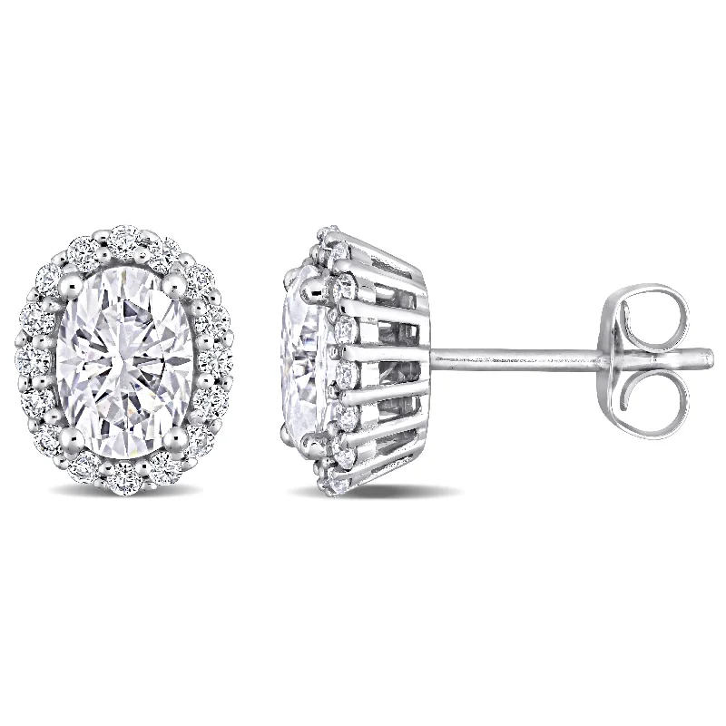 Miadora 2 1/3ct DEW Oval-cut Moissanite Halo Stud Earrings in 10k White Gold - 9.9 mm x 8.1 mm x 5 mm