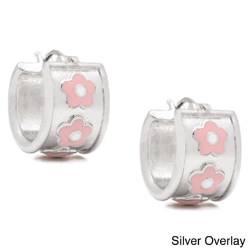 Molly and Emma 14k Gold Overlay or Silverplated Pink Flower Hoop Earrings