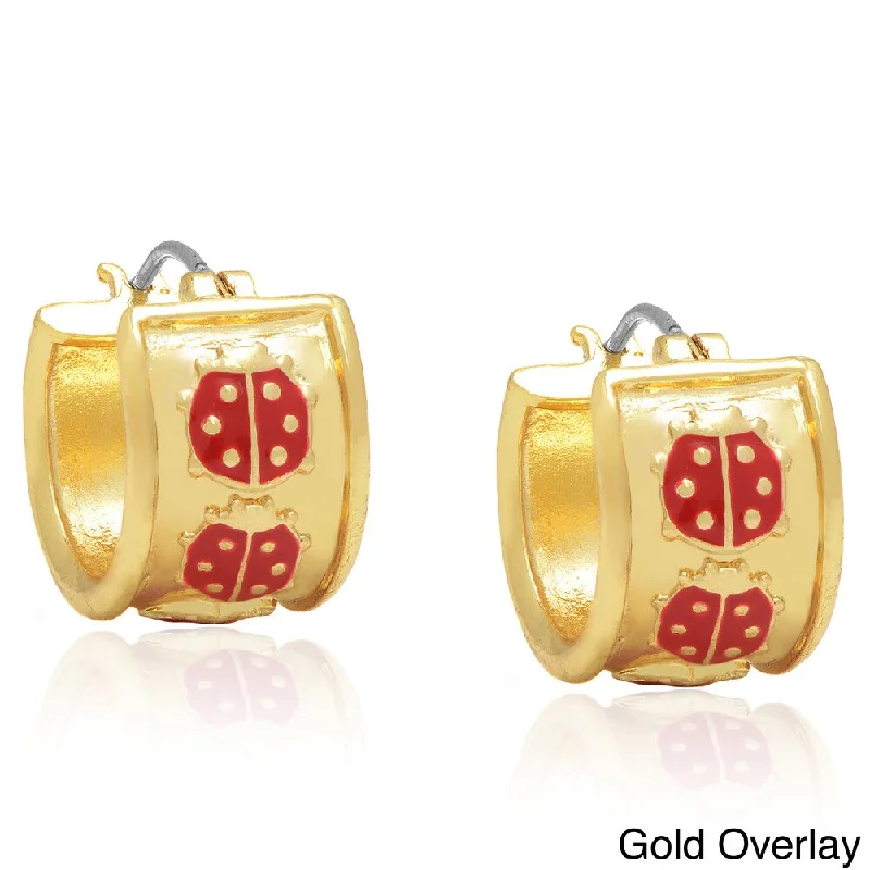 Molly and Emma 14k Gold Overlay or Silverplated Red Ladybug Hoop Earrings