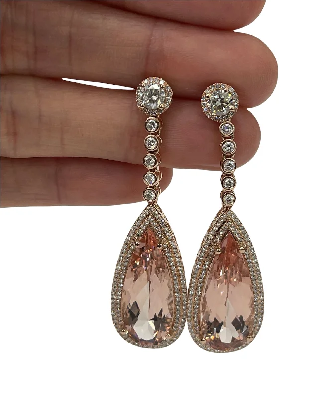 Morganite Gem 18.97 Carats Dangling Diamond Earrings Rose Gold 14kt