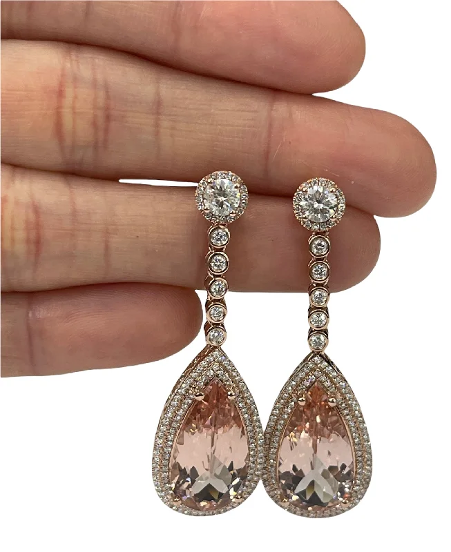 Morganite Gem Dangling Diamond Earrings Rose Gold 14kt