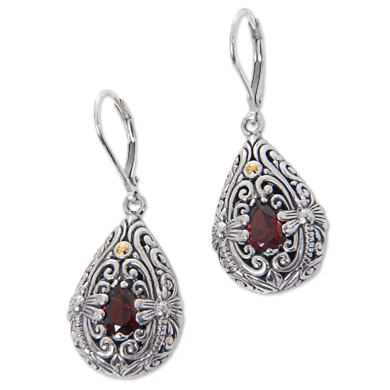 NOVICA Dragonfly Duet, Gold accented garnet dangle earrings - 1.6L*0.6W