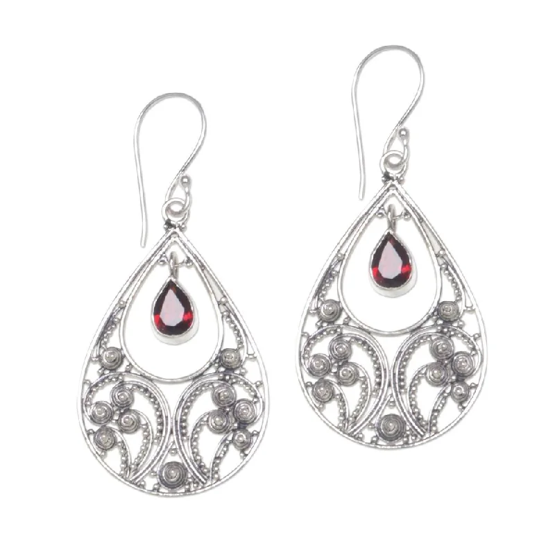 NOVICA Handmade Garnet Dangle Earrings, 'Bali Crest' (Indonesia) - 1.9*0.9