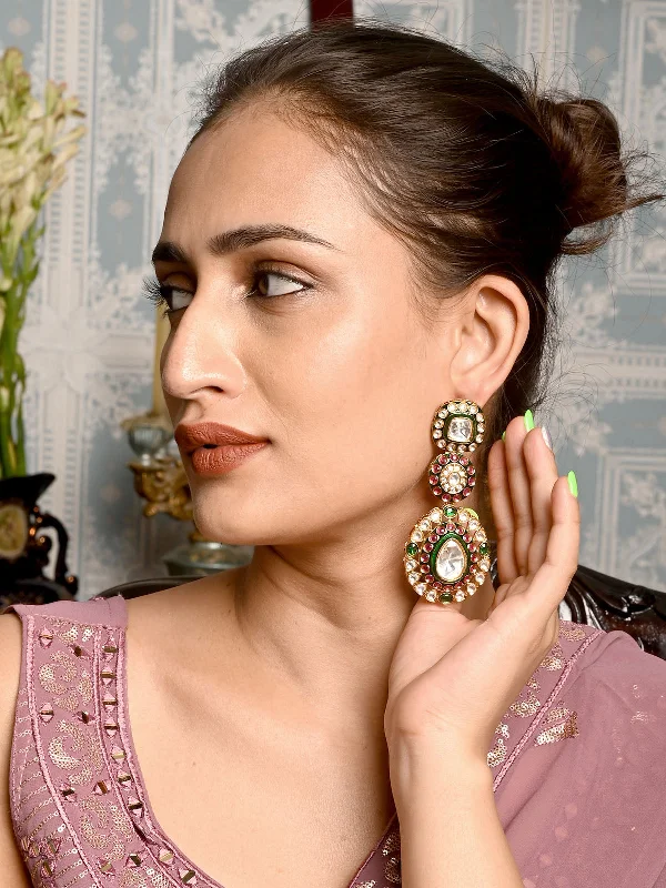 Odette Green Kundan Gold Plated Dangler Earrings For Women