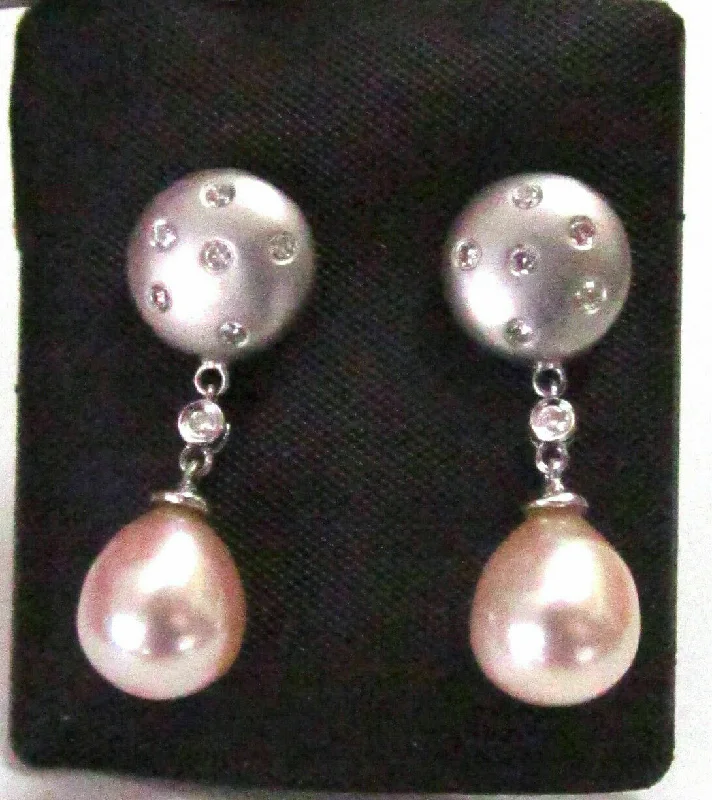 Peach Pearls & Diamonds Chandelier Drop/Dangle Earrings Push Back 14k White Gold